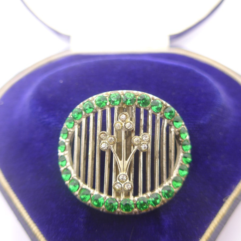 Vintage Art Deco Green Paste Silver Metal Buckle