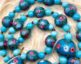 Vintage Venetian Fancy Blue Glass Bead Necklace - Murano Latticino Glass Beads