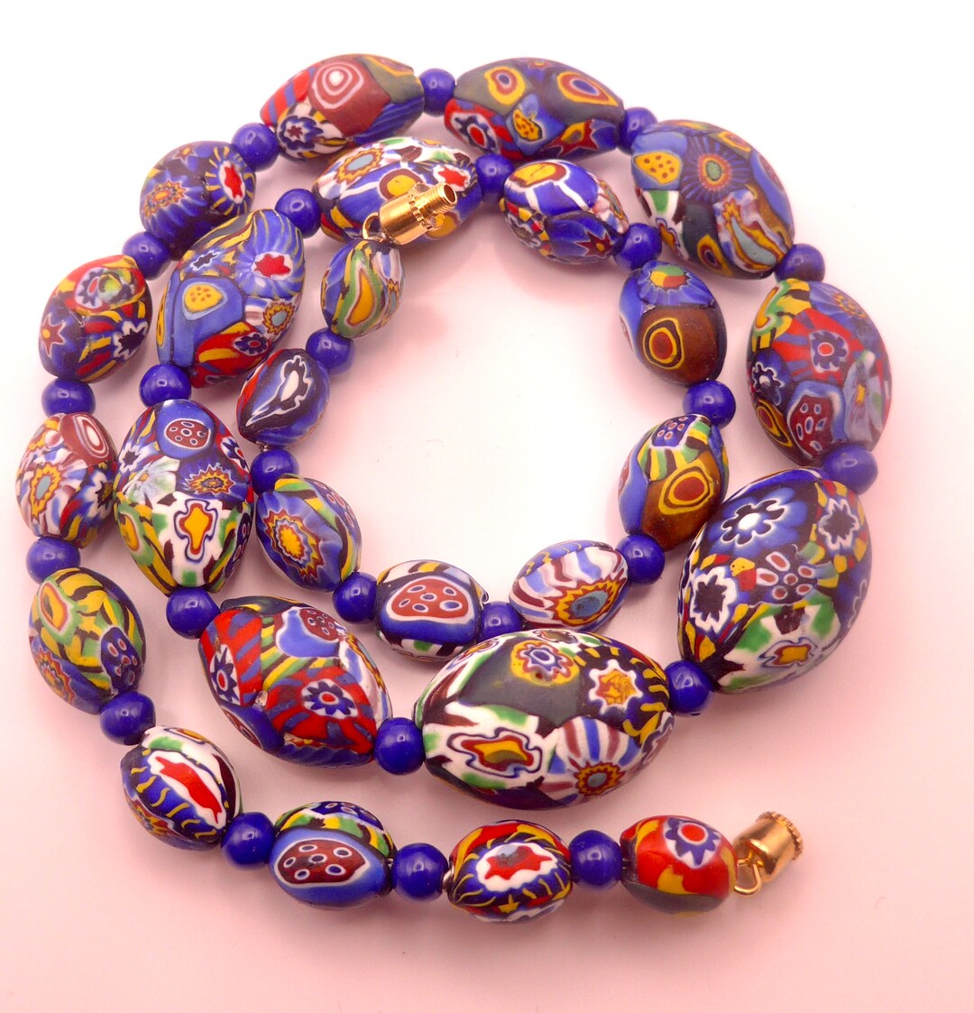 Vintage Matte Millefiori Glass Bead Necklace Smooth Etsy