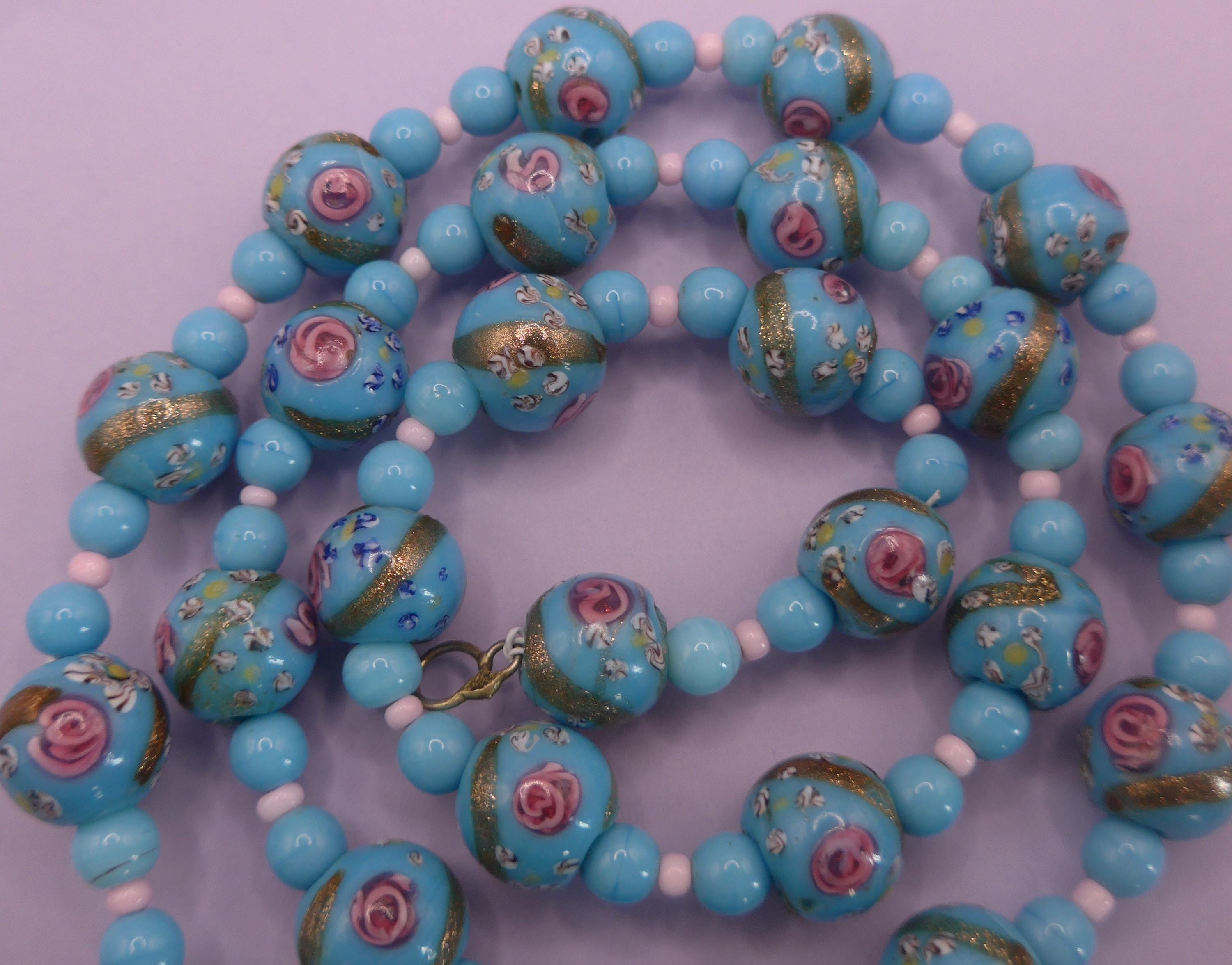 MINACHI Medieval Vintage Love Flower Pendant Necklace - Blue Sparkle Glass Bead, Bohemian Retro Style For Women