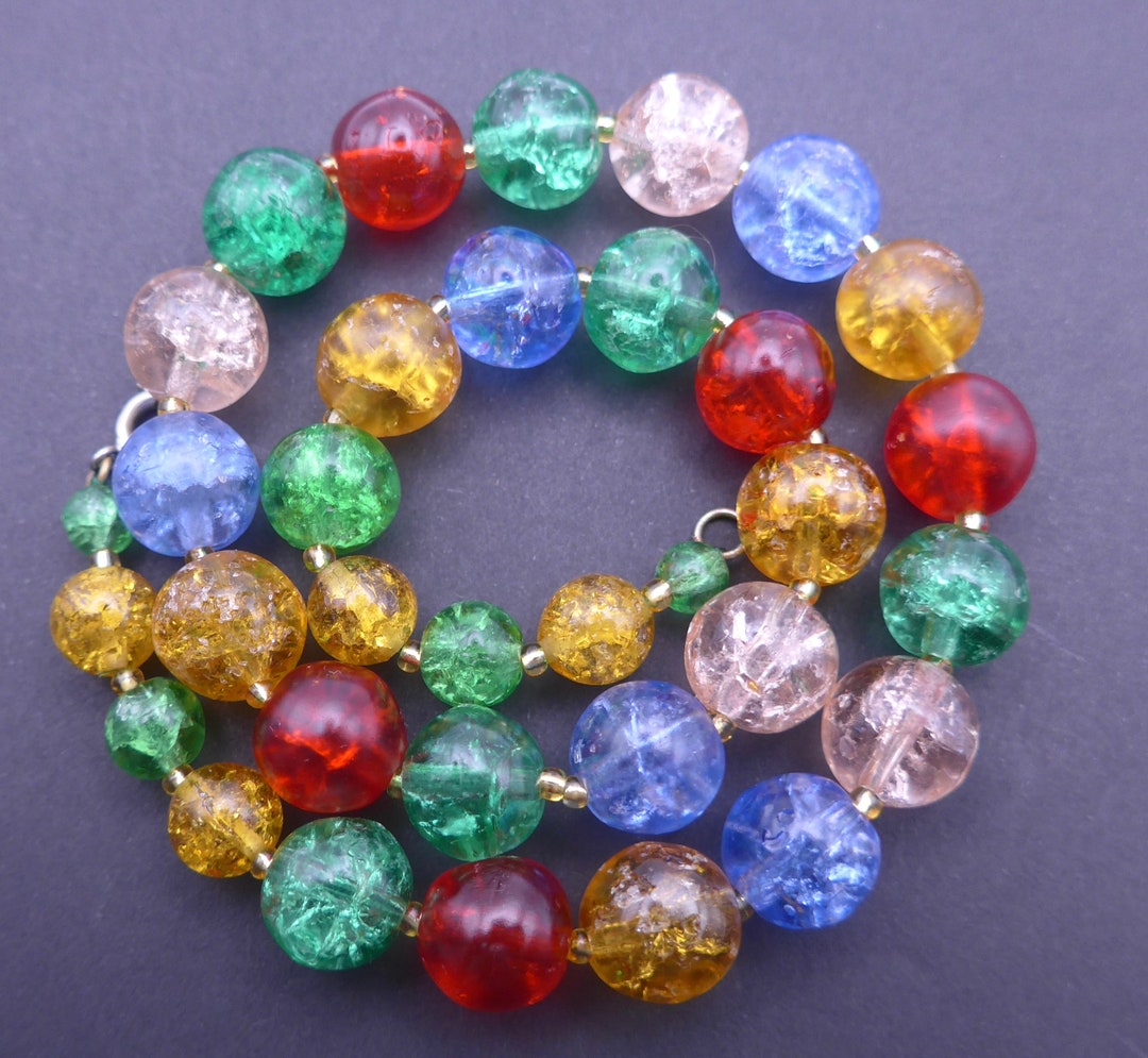 Vintage Crackle Glass Bead Necklace Rainbow Colours Old Glass Beads Etsy