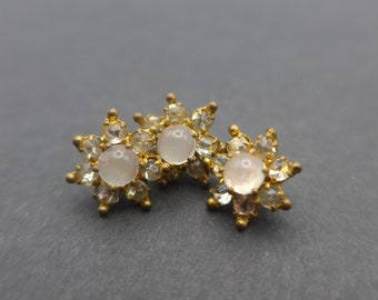 Vintage Opaline Paste Star Buttons - Tiny Diminutive Gilt Metal Glass Buttons