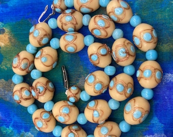 Vintage Venetian Wedding Cake Turquoise Blue Glass Beads - Oval Gold Trailed Beads