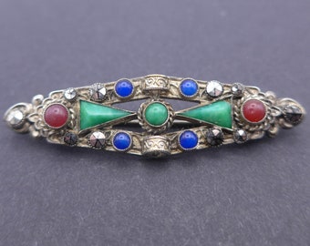 Vintage Early Czech Bezel Set Glass Metal Brooch Pin