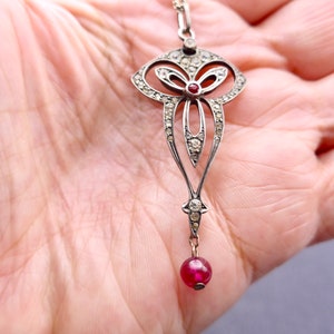 Vintage 925 Silver Paste Pendant Necklace: Edwardian Art Deco Red Glass Drop