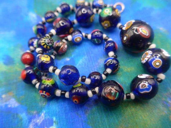 Collier & Bracelet Perles Florales Millefiori En Verre - Set Occasion Bon état