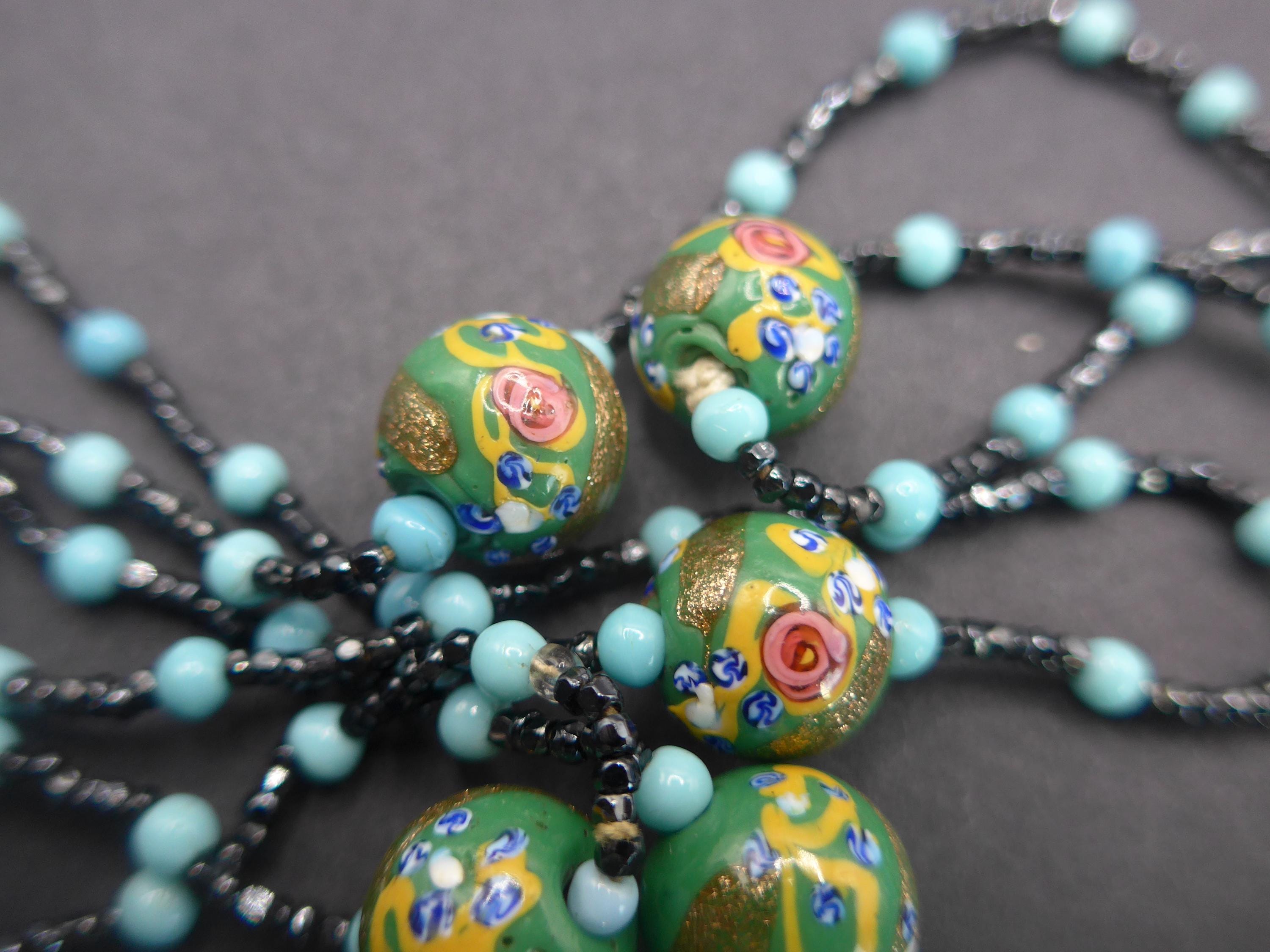 Collar vintage veneciano de cuentas de cristal con efecto lámpara - Cuentas de flores de oro verde