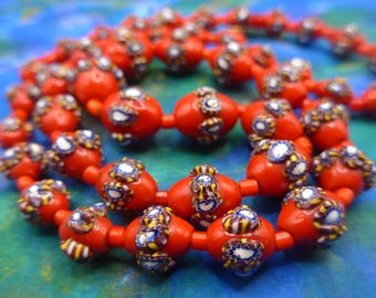 Vintage Venetian Raised Cane Glass Bead Necklace -  Red Blue Yellow Millefiori Glass Necklace