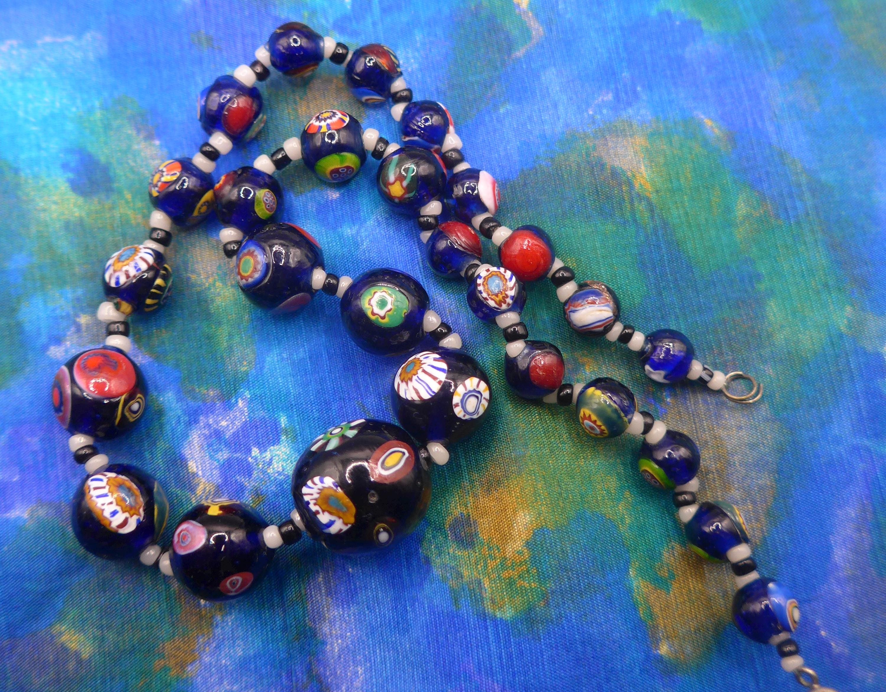 ヴィンテージブルーミルフィオリガラスビーズネックレス - 滑らかな