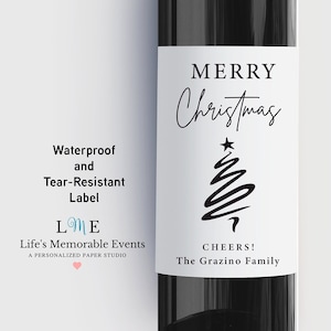 Merry Christmas Wine Bottle Label, Hostess Holiday Wine Gift Idea, Personalized Waterproof and Tear Resistant Labels, Bulk Order Pricing Merry Christmas