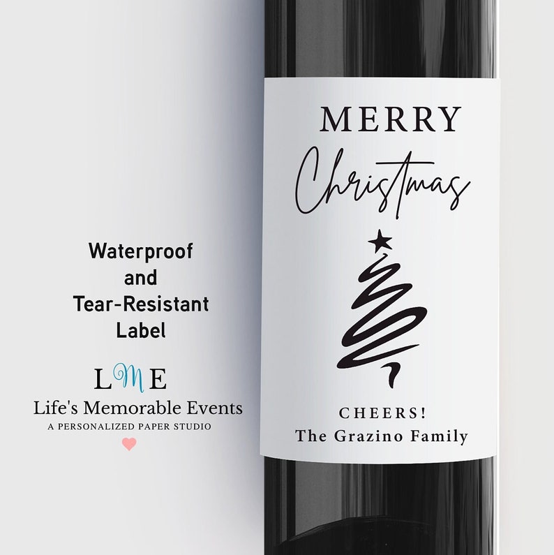 Merry Christmas Wine Bottle Label, Hostess Holiday Wine Gift Idea, Personalized Waterproof and Tear Resistant Labels, Bulk Order Pricing Merry Christmas