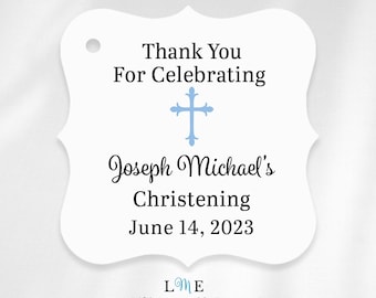 Baby Boy Christening Tags, Blue Religious Cross Tags, Personalized Thank You Favor Tags for Baptism or Christening