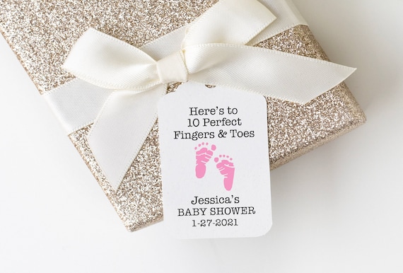 Here's to 10 Perfect Fingers & Toes Favor Tags, Baby Shower Nail Polish Bottle Tags, Pink Baby Feet Tags, Personalized Baby Shower Gift Tags Il_570xn
