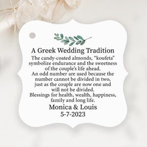 A Greek Wedding Tradition, Koufeta Candy Coated Almond Tags, Greek Jordan Almond Wedding Tags, Personalized Greek Wedding Koufeta Tags