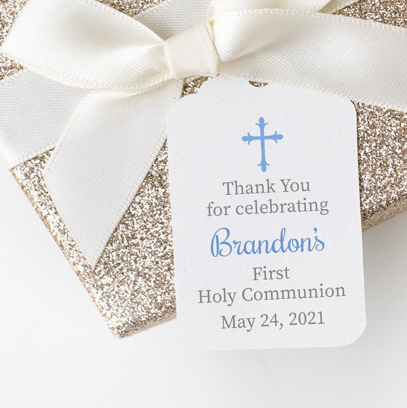 First Holy Communion Favor Tags, Christian Blue Cross, Boys First Holy Eucharist Tags, Personalized Gift Tags for Boys First Holy Communion image 1