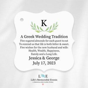 A Greek Wedding Tradition, Monogram Jordan Almond Favor Tags, Five Wishes New Husband and Wife, Personalized Monogram Wreath Wedding Tags