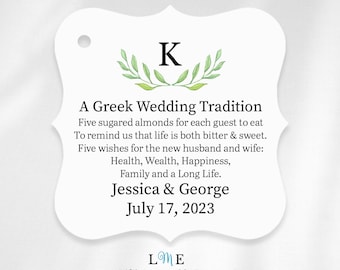 A Greek Wedding Tradition, Monogram Jordan Almond Favor Tags, Five Wishes New Husband and Wife, Personalized Monogram Wreath Wedding Tags