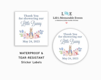 Peter Rabbit Baby Shower Stickers, Beatrix Potter Blue Bunny Shower Favor Labels, Personalized Garden Tea Baby Shower Labels