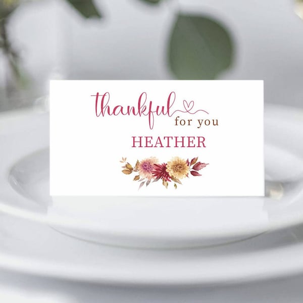 Thanksgiving Place Cards, Autumn Dinner Party Name Cards Thankful for You Personalized Thanksgiving Table Decor Name Cards