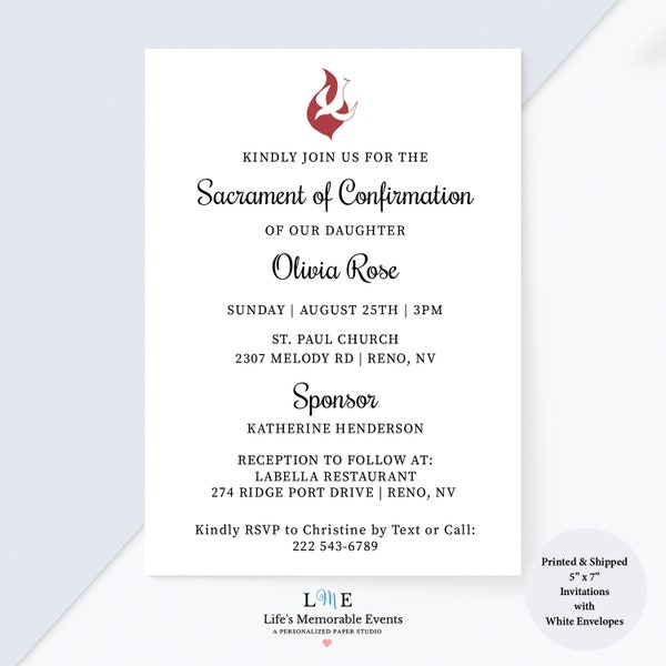 Sacrament of Confirmation Invitations, Minimalist Confirmation Invite, Red Flame & Dove Invitations Printed and Shipped, Bulk Pricing!