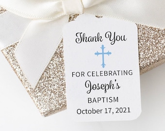 Baby Boy Baptism Favor Tags, Blue Religious Cross Tags, Baby Boy Christening Gift Tags, Personalized Favor Tags for Baptism and Christening