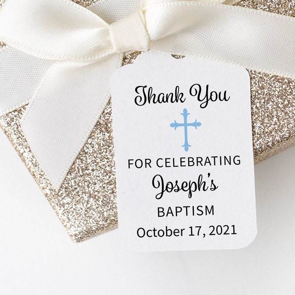 Baby Boy Baptism Favor Tags, Blue Religious Cross Tags, Baby Boy Christening Gift Tags, Personalized Favor Tags for Baptism and Christening