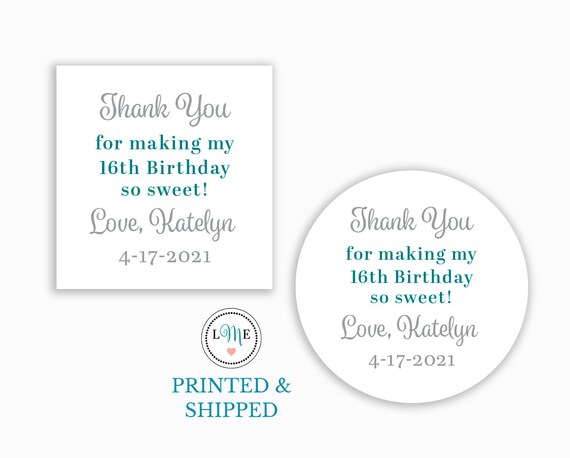 Sweet 16 Stickers, Silver-Tone and Teal Labels, 16th Birthday Candy Bag Stickers, Set of 12, Personalized Premium WATERPROOF Sticker Labels Il_570xn
