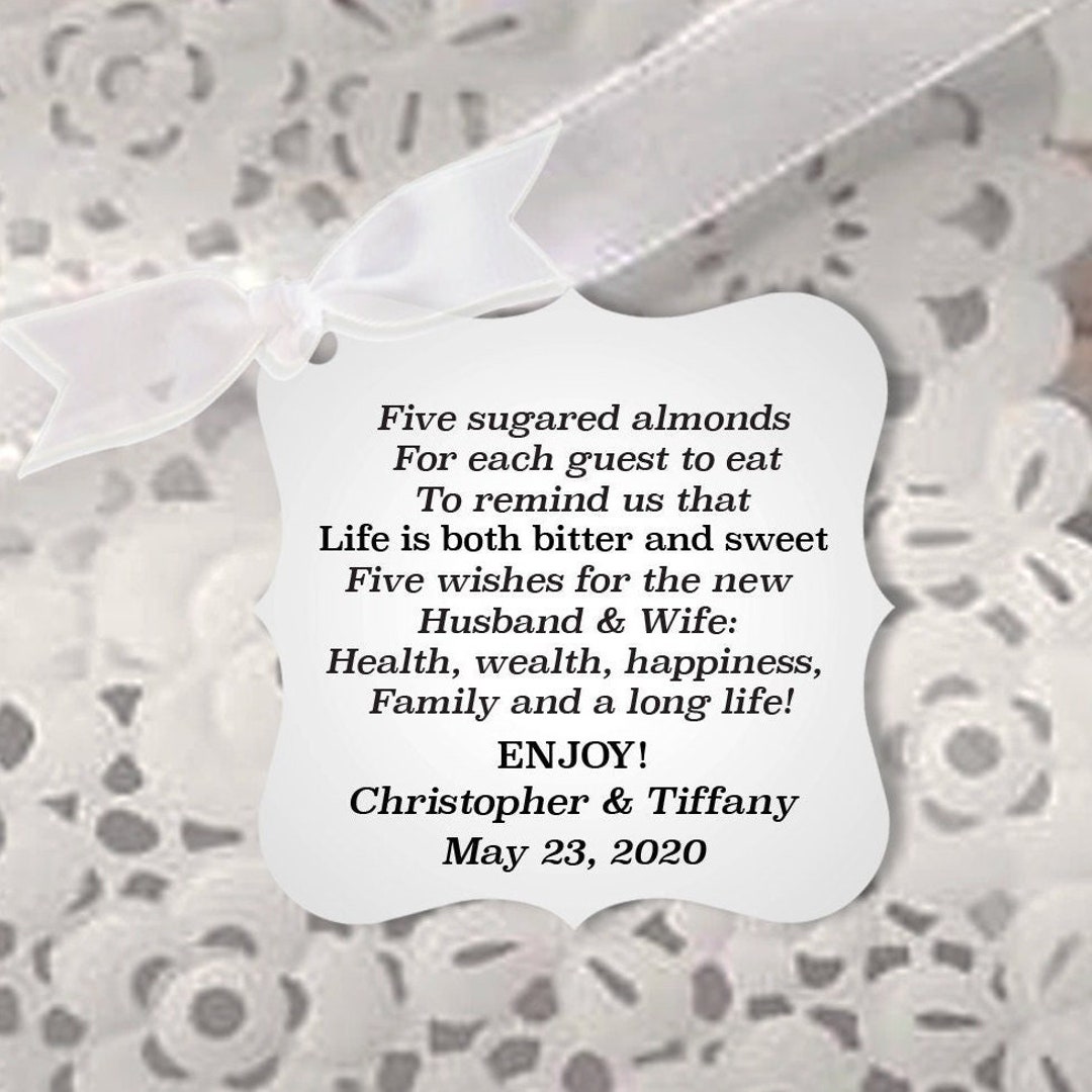 Wedding Jordan Almond Favor Tags, Five Sugared Candies, Five Wishes New