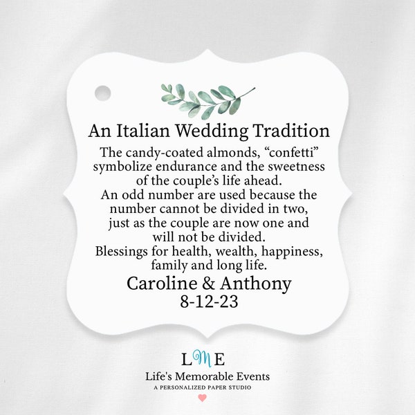 An Italian Wedding Tags, Jordan Almond Favor Tags, Italian Confetti Tags, Greenery Wedding Tags, Personalized Jordan Almond Wedding Tags