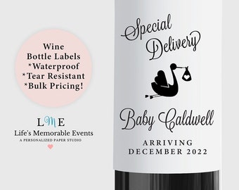 Special Delivery Baby Announcement Label, New Grandparent Gift Idea, Stork Pregnancy Announcement Waterproof Wine Bottle Label, Bulk Pricing