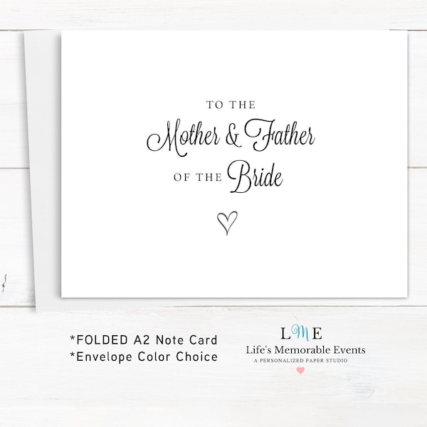 To The Mother & Father of the Bride Card, Parents of The Bride Notecard, To The Mother of the Bride, Father of the Bride Folded A2 Note Card