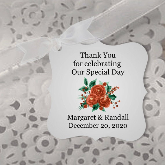 Winter Wedding Favor Tags, Red Roses & Holly Berry Tags, December Wedding Tags, Burgundy Engagement Party Tags, Personalized Il_570xn