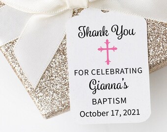 Baby Girl Baptism Favor Tags, Pink Religious Cross Tags, Baby Girl Christening Gift Tags, Personalized Favor Tags for Baptism or Christening