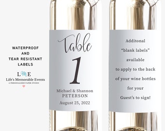 Wedding Table Number Wine Bottle Labels,  Alternative Guest Book Labels, Personalized Waterproof / Tear Resistant Labels, Bulk Order Pricing