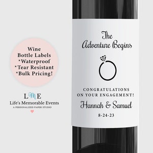 The Adventure Begins Wine Bottle Label, Engagement Gift Idea, Personalized Waterproof/Tear Resistant Label, Bulk Order Pricing