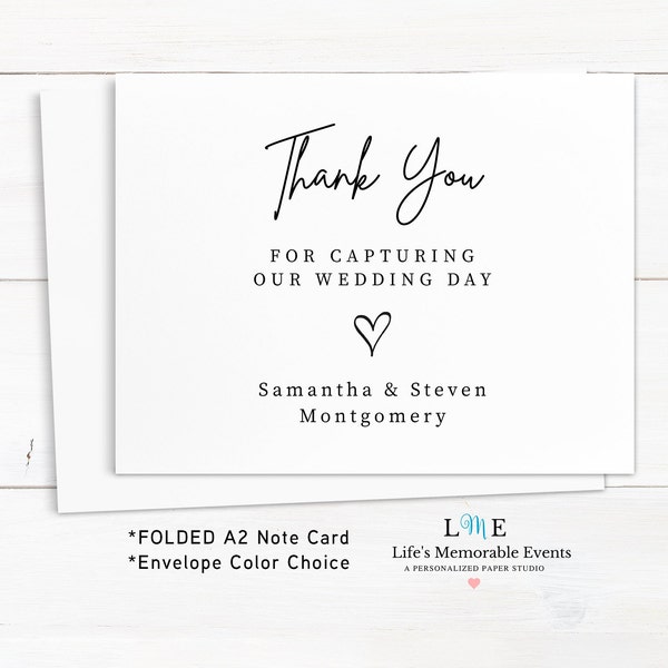 Wedding Photographer Card, Videographer Thank You For Capturing Our Day, Personalized A2 Folded Card, Envelope Color Choice!