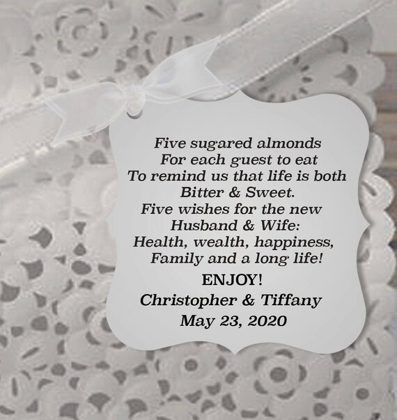 Wedding Jordan Almond Favor Tags, Five Sugared Candies, Five Wishes for ...