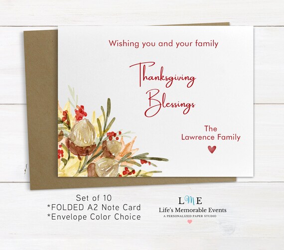 Boxed Set of 10 Thanksgiving Blessing Cards, Watercolor Personalized Thanksgiving Cards, FOLDED A2 Note Cards, Envelope Color Choice! Il_570xn