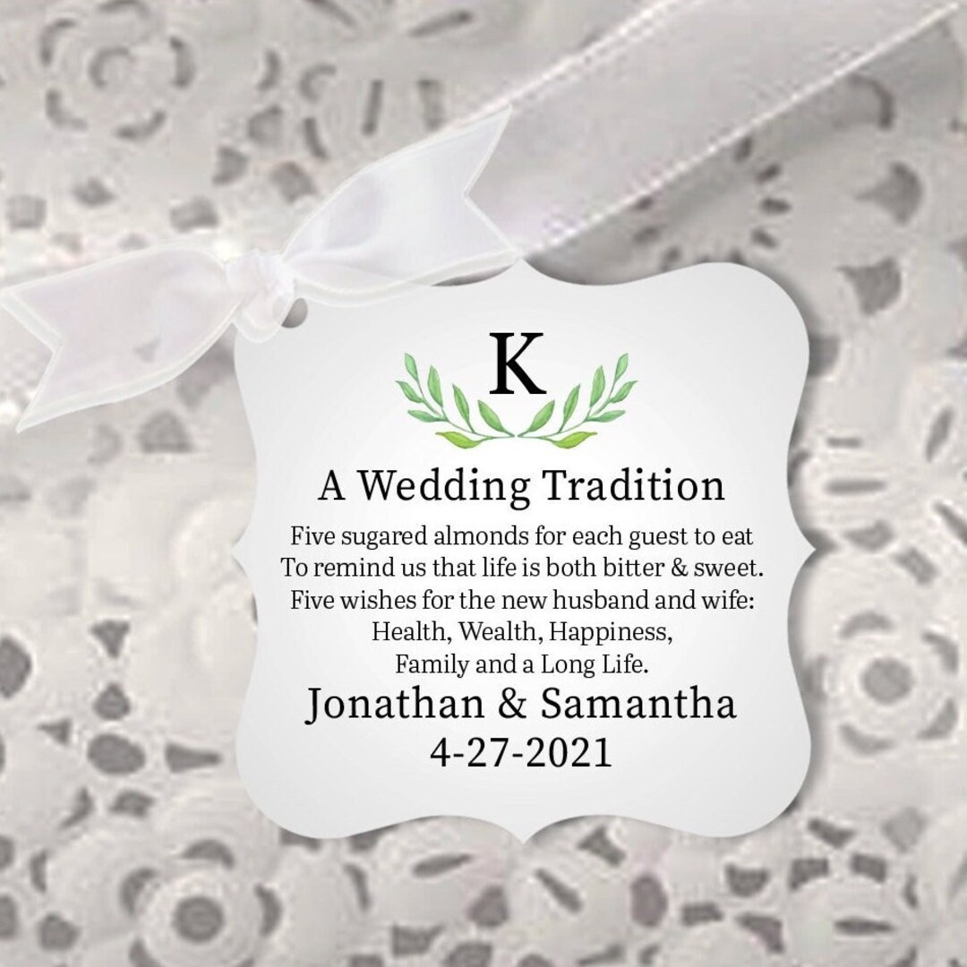 A Wedding Tradition Jordan Almond Favor Tags, Five Sugared Almonds, Personalized Monogram Laurel