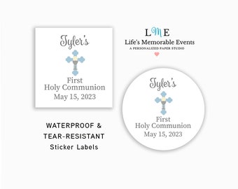 Boys First Holy Communion Labels, Holy Eucharist Communion Favor Box Stickers, Personalized Blue Communion Cross Sticker Labels