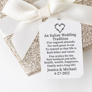 Italian Wedding Tradition Favor Tags, Five Wishes For The New Husband and Wife Tags, Personalized Jordan Almond Wedding Favor Tags