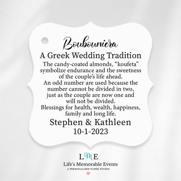 A Greek Wedding Tradition, Koufeta Candy Coated Almond Tags, Greek Jordan Almond Wedding Tags, Personalized Koufeta Wedding Tags