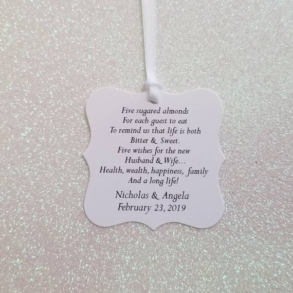 FIVE WISHES Jordan Almond Wedding Favor Tags *Five Sugared Almonds, White &amp; Black Tags ...