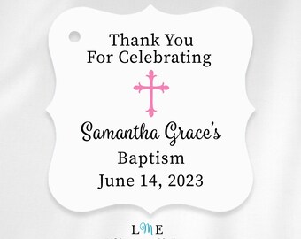 Baby Girl Baptism Thank You Favor Tags, Pink Religious Cross Tags, Personalized Favor Tags for Baptism or Christening