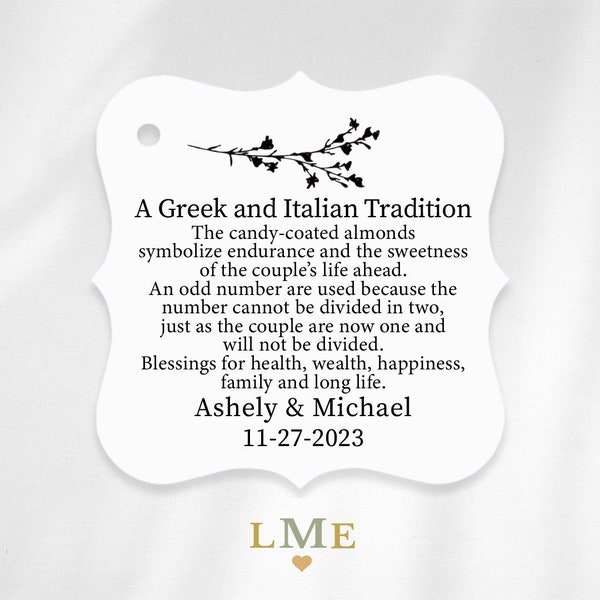 Greek and Italian Tradition Favor Tags, Five Wishes for the New Husband and Wife, Personalized Jordan Almond Candies Wedding Favor Tags