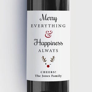 Christmas Wine Bottle Label, Holiday Hostess Gift Idea, Merry Everything Happiness Always, Personalized Waterproof Label, Bulk Order Pricing