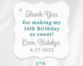 Sweet 16 Favor Tags, Silver and Teal 16th Birthday Tags, Personalized Sweet Sixteen Favor Tags, Sweet 16 Birthday Treat Bag Tags