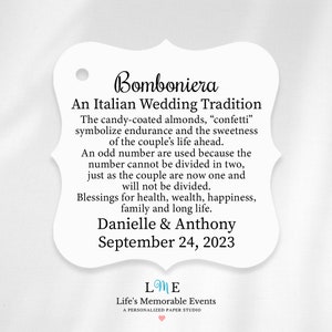 Italian Wedding Tags, Bomboniera Favor Tags, Jordan Almond, Five Wishes New Husband and Wife, Personalized Wedding Confetti 2" Favor Tags