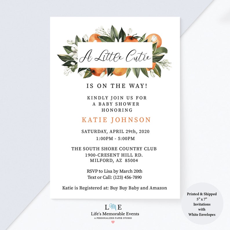 PRINTED Little Cutie Baby Shower Invitation Set, Baby Clementine Orange Blossom Citrus Baby Shower Invite, Printed, Shipped, Bulk Pricing image 1