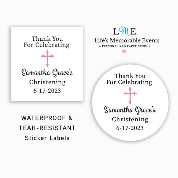 Baby Girl Christening Thank You Favor Stickers, Pink Religious Cross Labels, Waterproof Personalized Stickers for Baptism or Christening